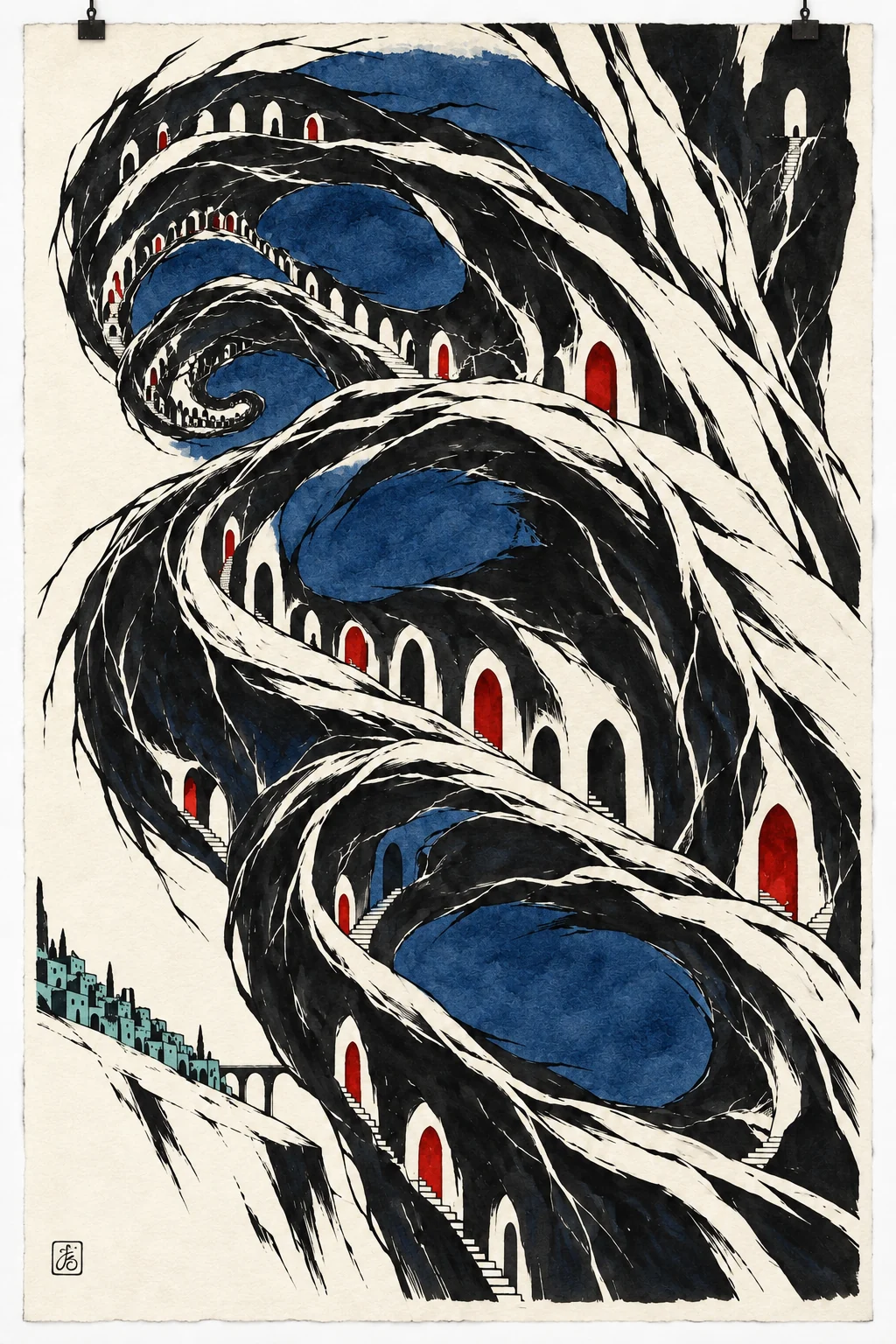 Black roots spiral past tiny red doorways in an artist’s unsettling vision of the Growth.