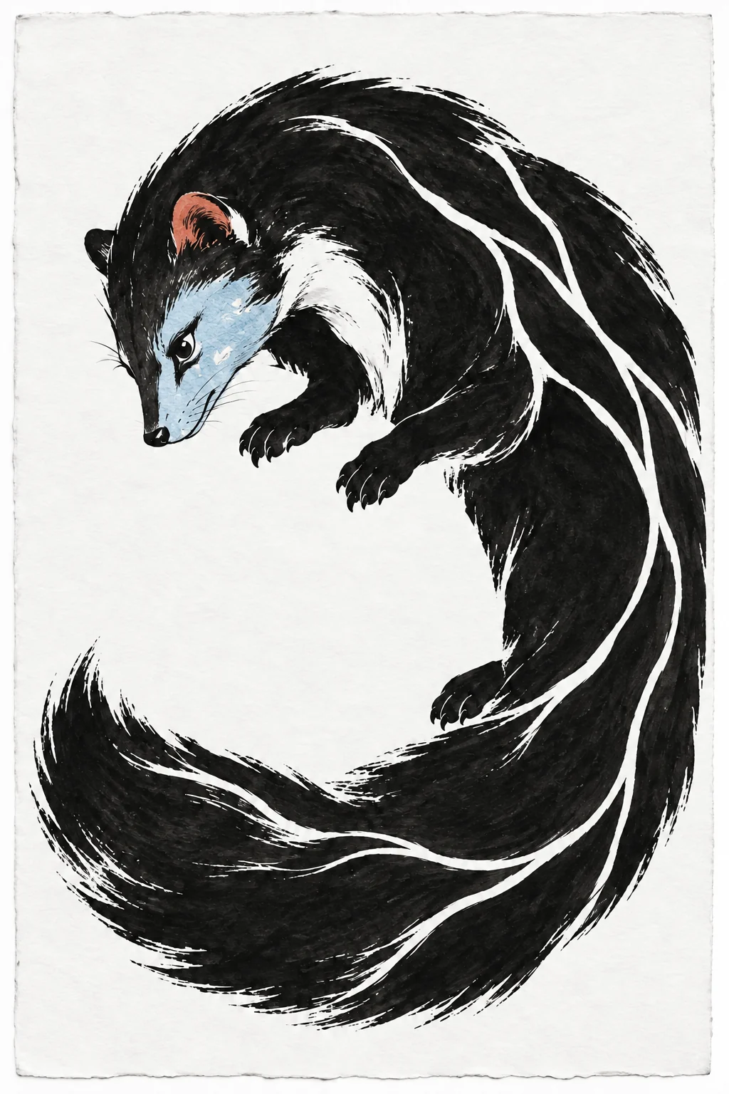 A curled figure, a blue cheek and a wide field of white. A devotional print imagined for Verdant.